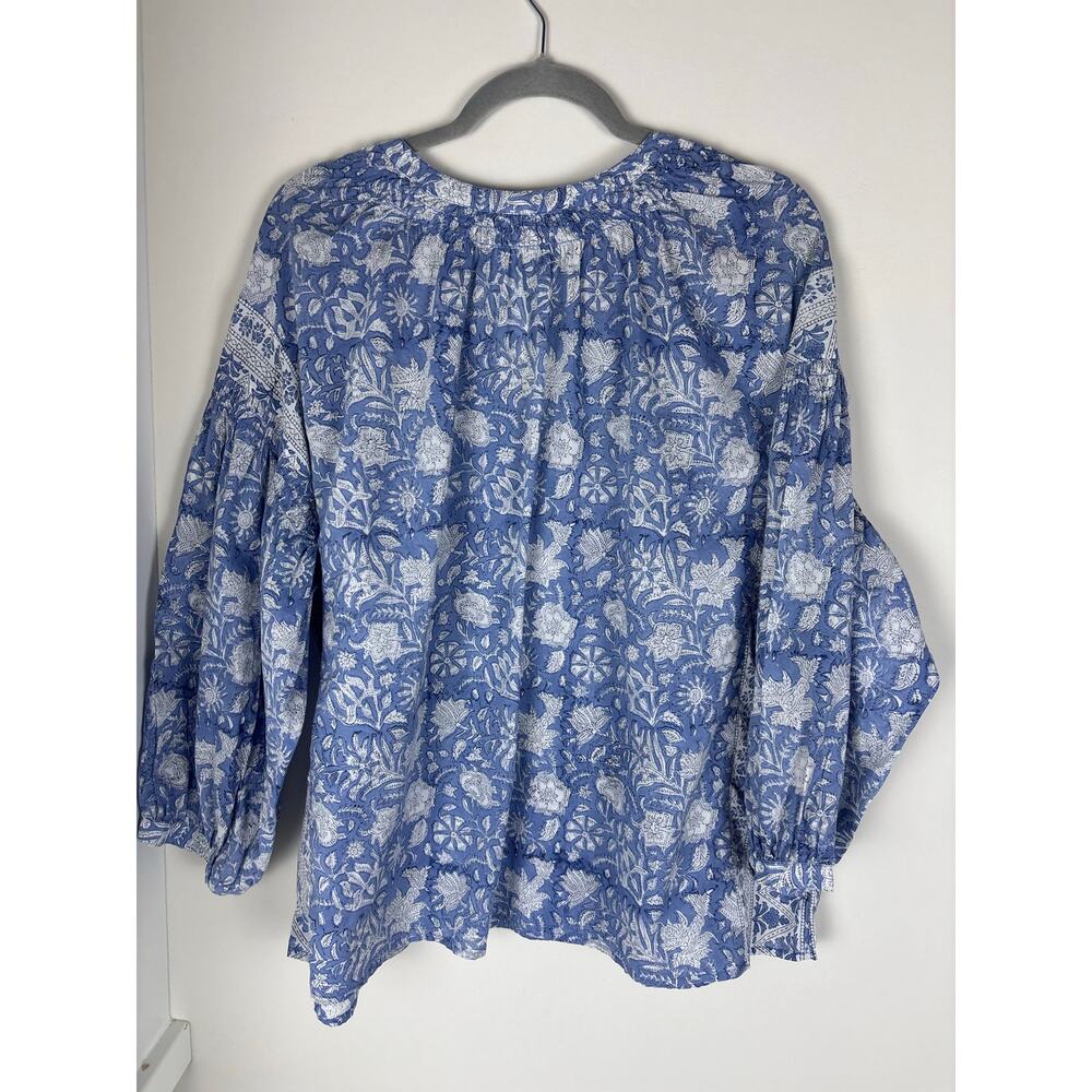 Pure Jill J Jill Womens XL Blue White Floral Border Print Cotton Blouse Boho - Picture 7 of 7